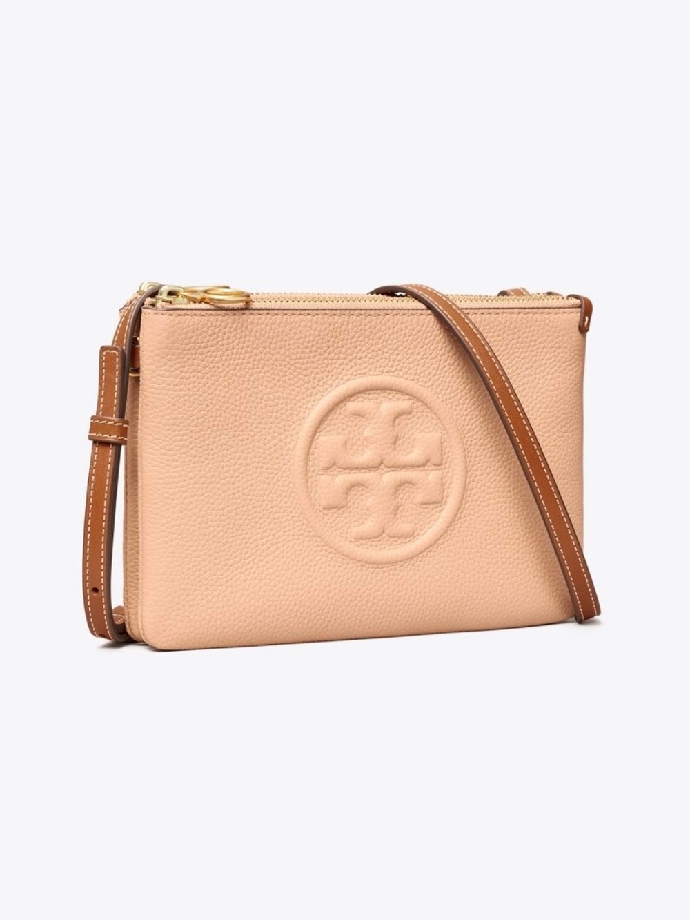 Tory Burch Perry Bombe Double Zip Leather Crossbody in Sand -NWOT